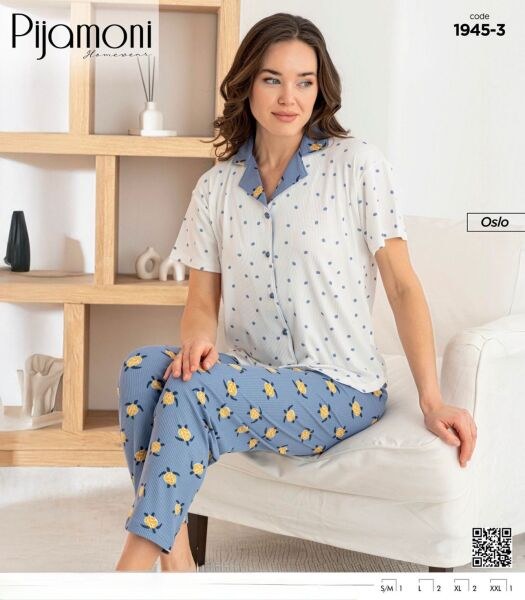 Pijamoni 1945-3 Bayan Oslo Gömlek K.Kol Pijama Tk