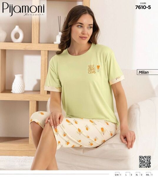 Pijamoni 7610-5 Bayan Milan Kapri Pijama Takım
