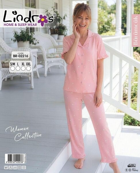 Lindros 02216 Bürümcük Düğmeli K.Kol Pijama Takım