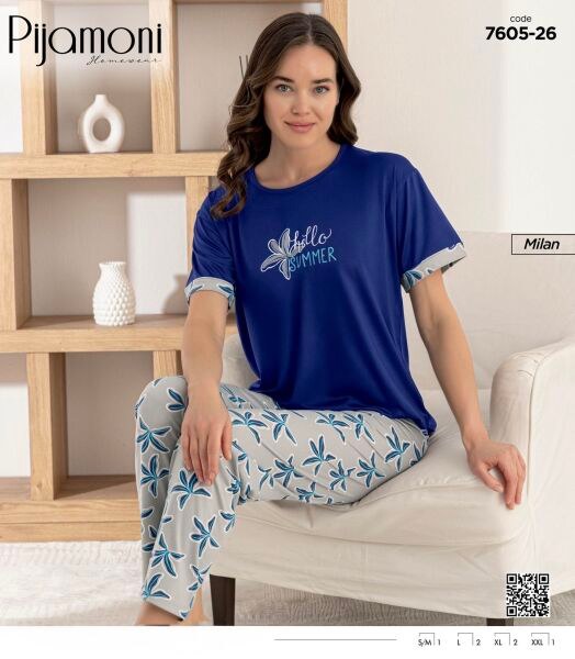 Pijamoni 7605-26 Bayan Kısa Kol Milan Pijama Takım