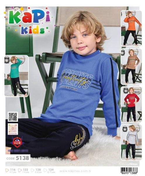 Kapi 5138 Erkek 6-10 Yaş İnterlok Pijama Takımı Yeşil