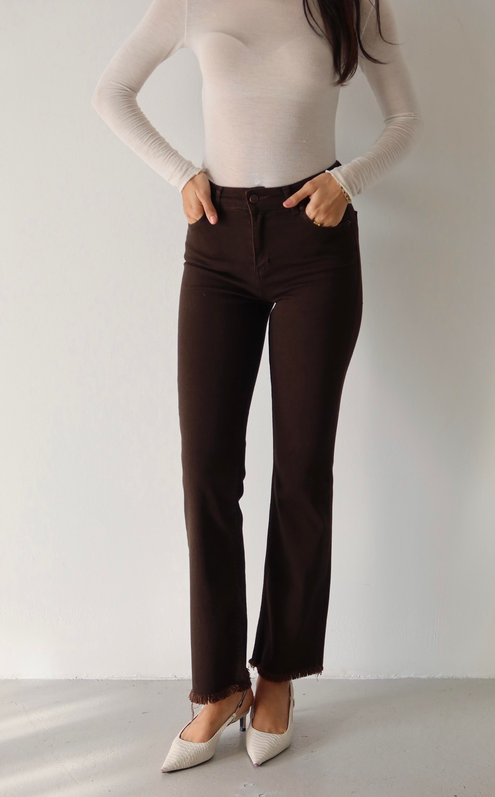 Mini Flare Dark Brown Jean Pantolon
