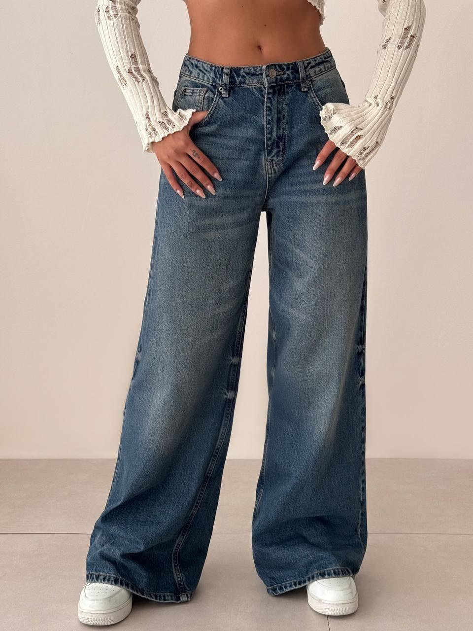 Yüksek Bel Bol Paça Blue Tint Wide Leg Jean Pantolon