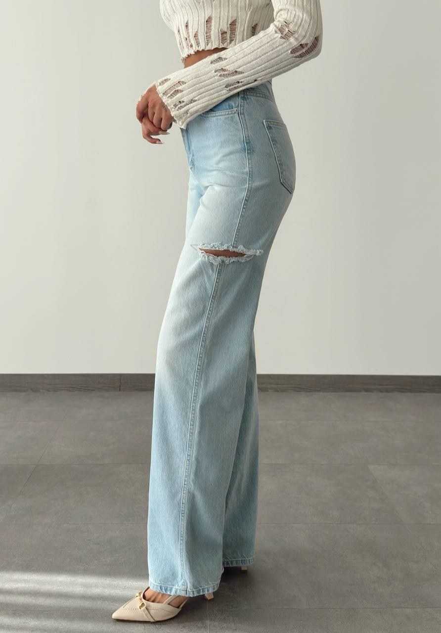 Yüksek Bel Kesik Detay Blue Wide Leg Jean Pantolon