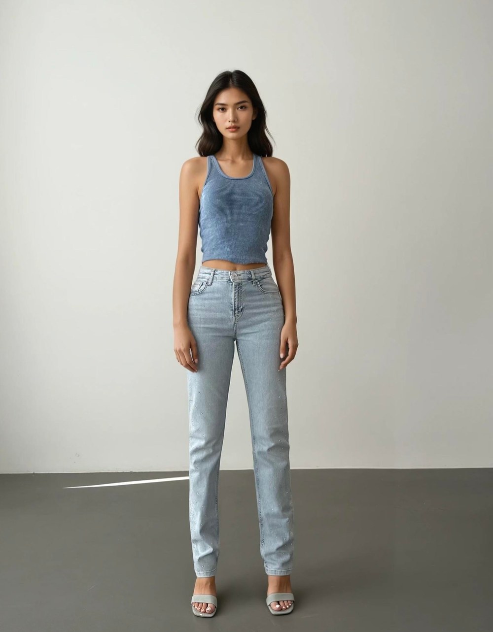 Yüksek Bel Boru Kesim Taş Detaylı İce Blue Jean Pantolon