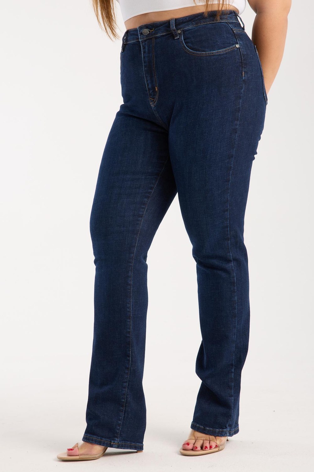 Yüksek Bel Yarım Boru Paça Dark Blue Jean Pantolon