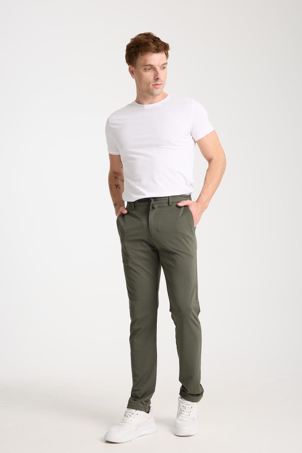 Erkek Yüksek Bel Dar Kesim Haki Jogger Pantolon