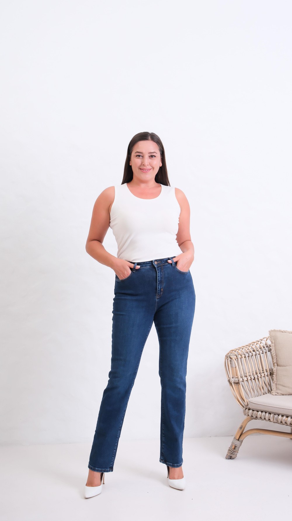 Yüksek Bel Boru Paça Battal Kesim Blue Jean Pantolon