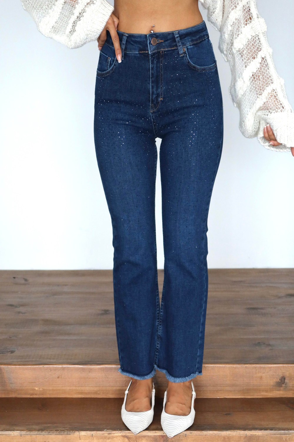 Yüksek Bel Paça Püskül Detaylı Taş İşlemeli Battal Kalıp Dark Blue Jean Pantolon