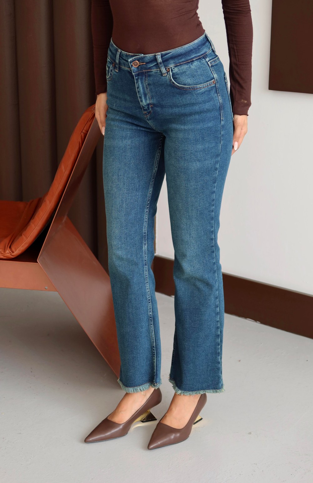 Yüksek Bel Paça Püskül Detaylı Yeşil Tint Jean Pantolon