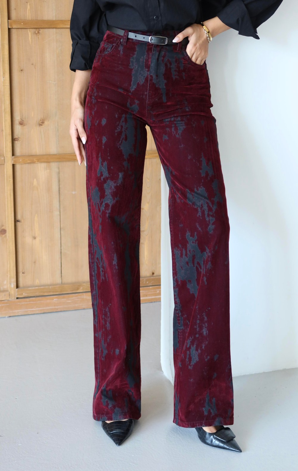 Yüksek Bel Flok Baskılı Siyah Bordo Jean Pantolon