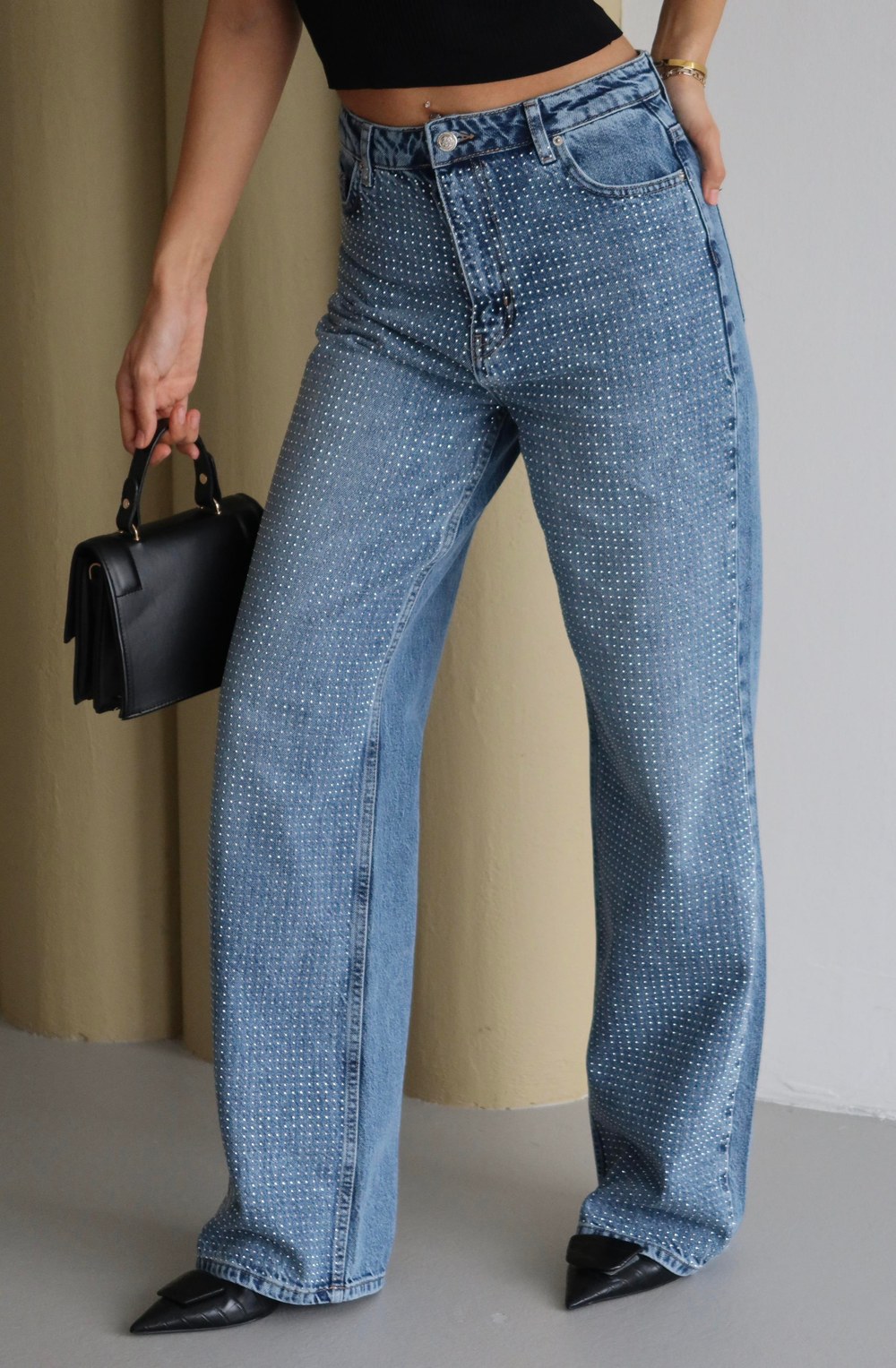 Yüksek Bel Geniş Kalıp Boydan Full Taşlı Blue Jean Pantolon