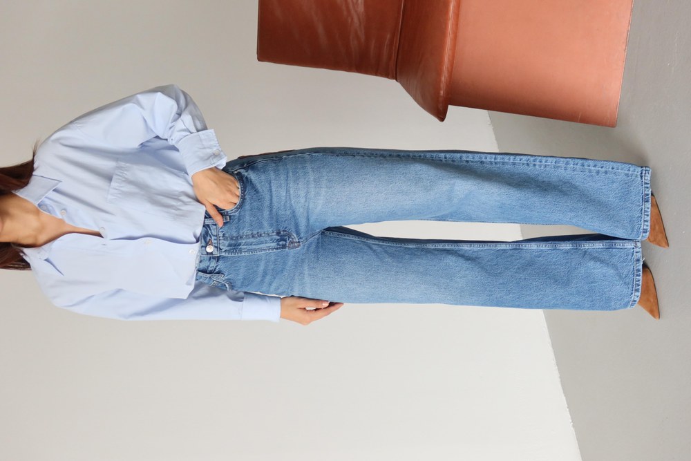 Yüksek Bel Arka Cep Deri Garnili Blue Jean Pantolon