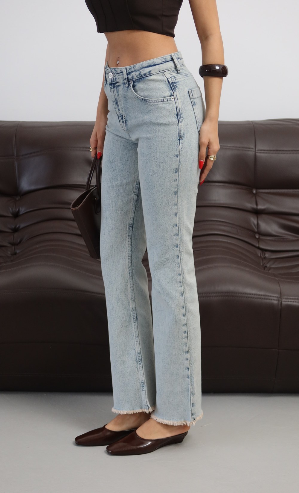 Yüksek Bel Paça Pis Dikiş Detaylı Light Blue Tint Mini Flare Jean Pantolon