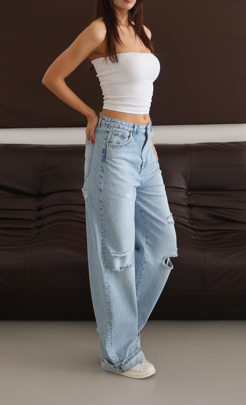 Normal Bel Baggy Foldup Kalıp Paça Katlama Detaylı Light Blue Lazerli Jean Pantolon