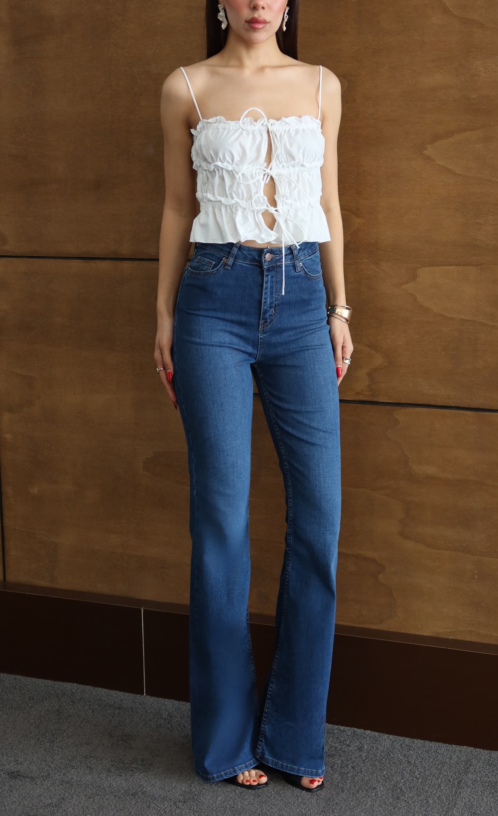 Yüksek Bel Yarım İspanyol Paça Blue Jean Pantolon