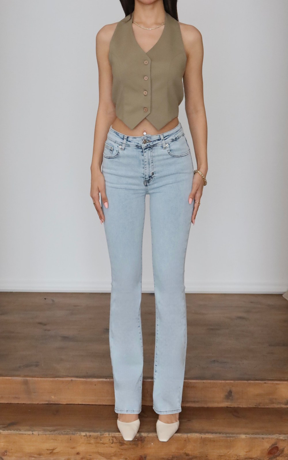 Yüksek Bel Yarım İspanyol Paça Light Blue Jean Pantolon