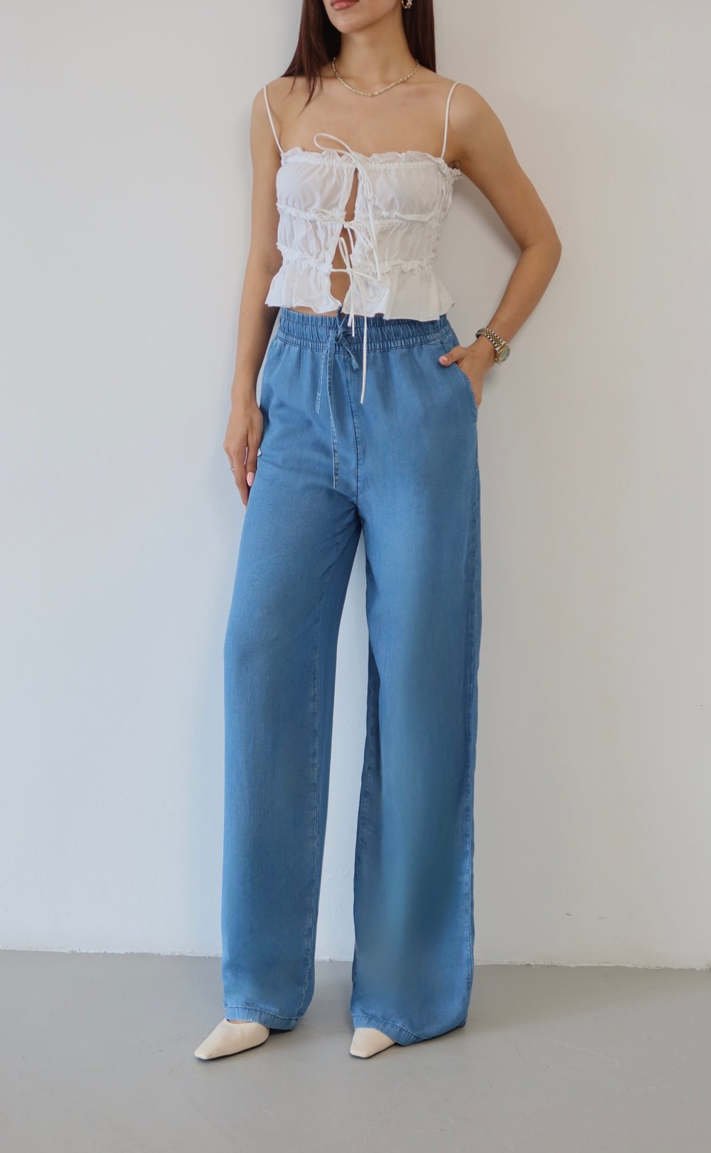Yüksek Bel Bel Lastik Detaylı Palazzo Kesim Light Blue Pantolon