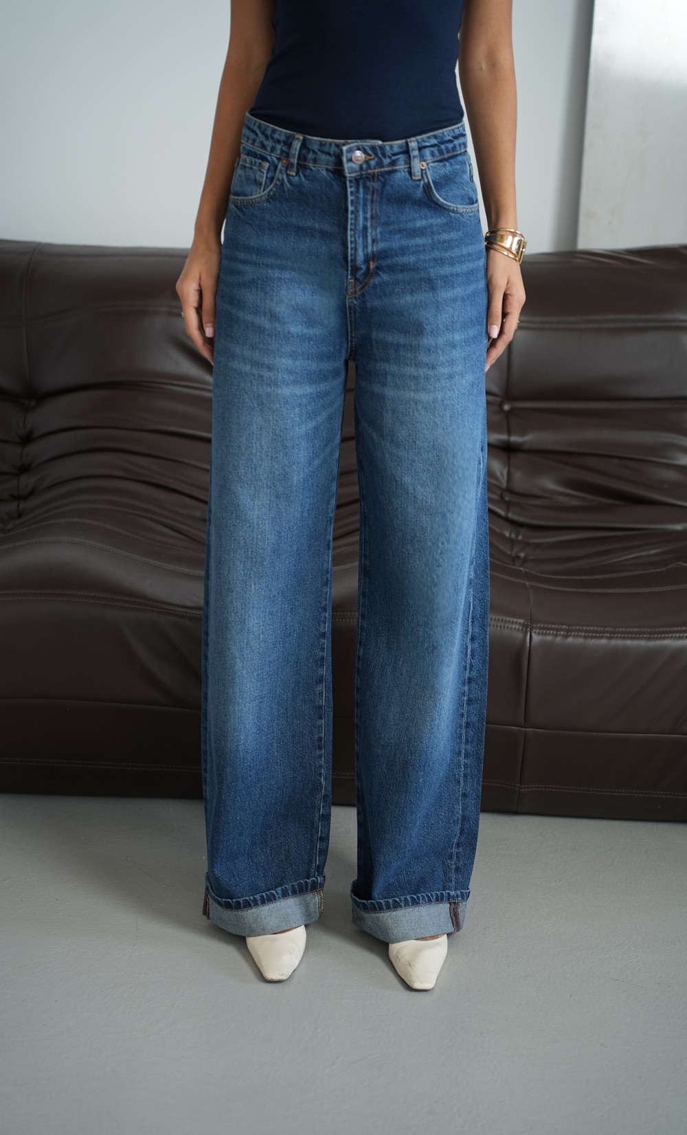 Normal Bel Baggy Foldup Kalıp Paça Katlama Detaylı Kadın Dark Blue Jean Pantolon