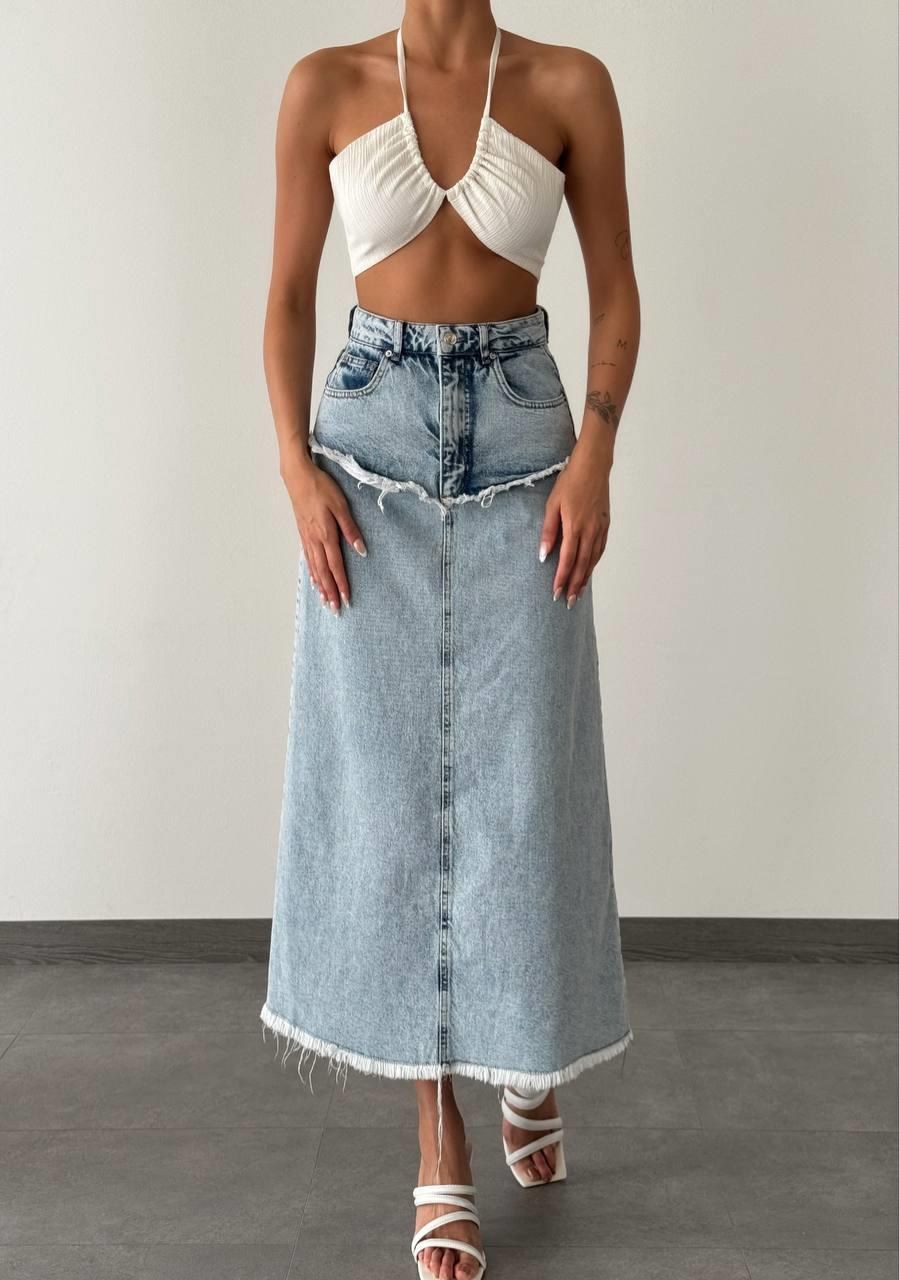Pis Dikiş Detaylı Yıkama Detaylı Light Blue Denim Etek