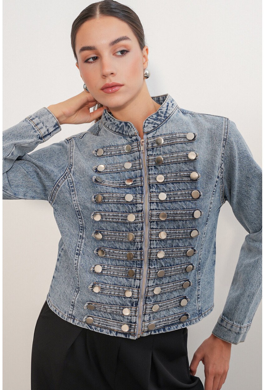 Kadın Dar Kesim Düğmeli Denim Ceket 0764