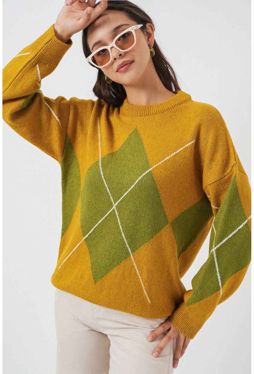 15895 Baklava Desenli Oversize Triko Kazak