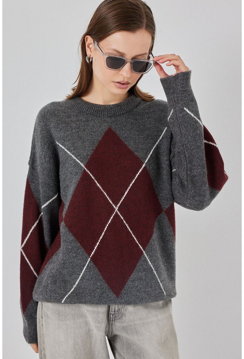 15895 Baklava Desenli Oversize Triko Kazak