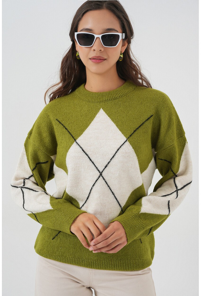 15895 Baklava Desenli Oversize Triko Kazak