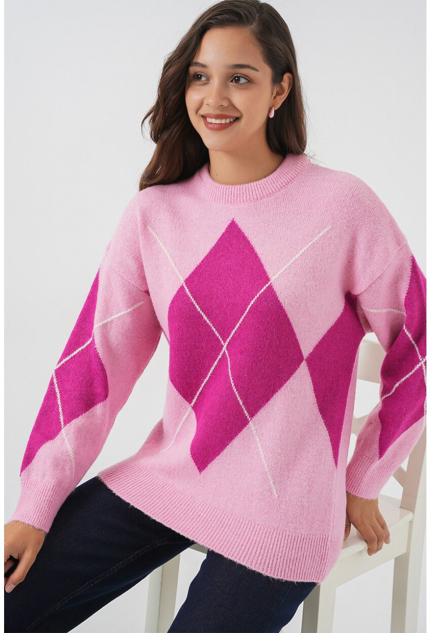 15895 Baklava Desenli Oversize Triko Kazak