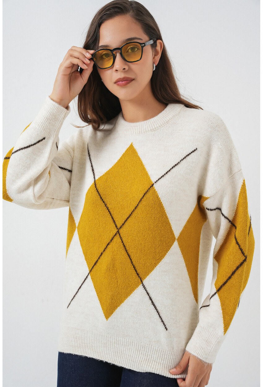 15895 Baklava Desenli Oversize Triko Kazak