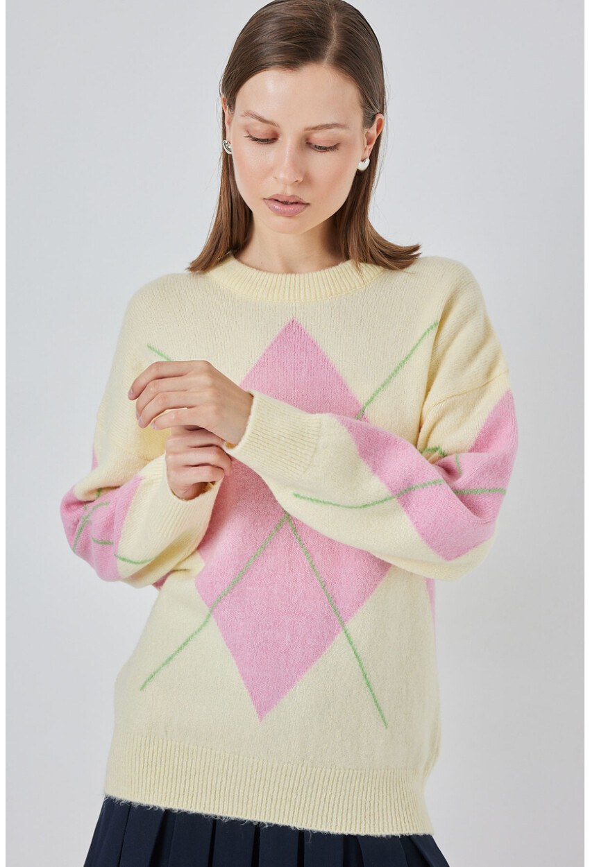 15895 Baklava Desenli Oversize Triko Kazak