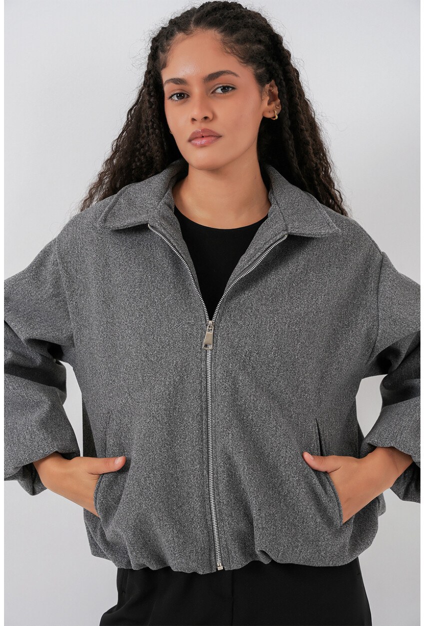 Kadın Büzgülü Oversize Kaşe Ceket 0728