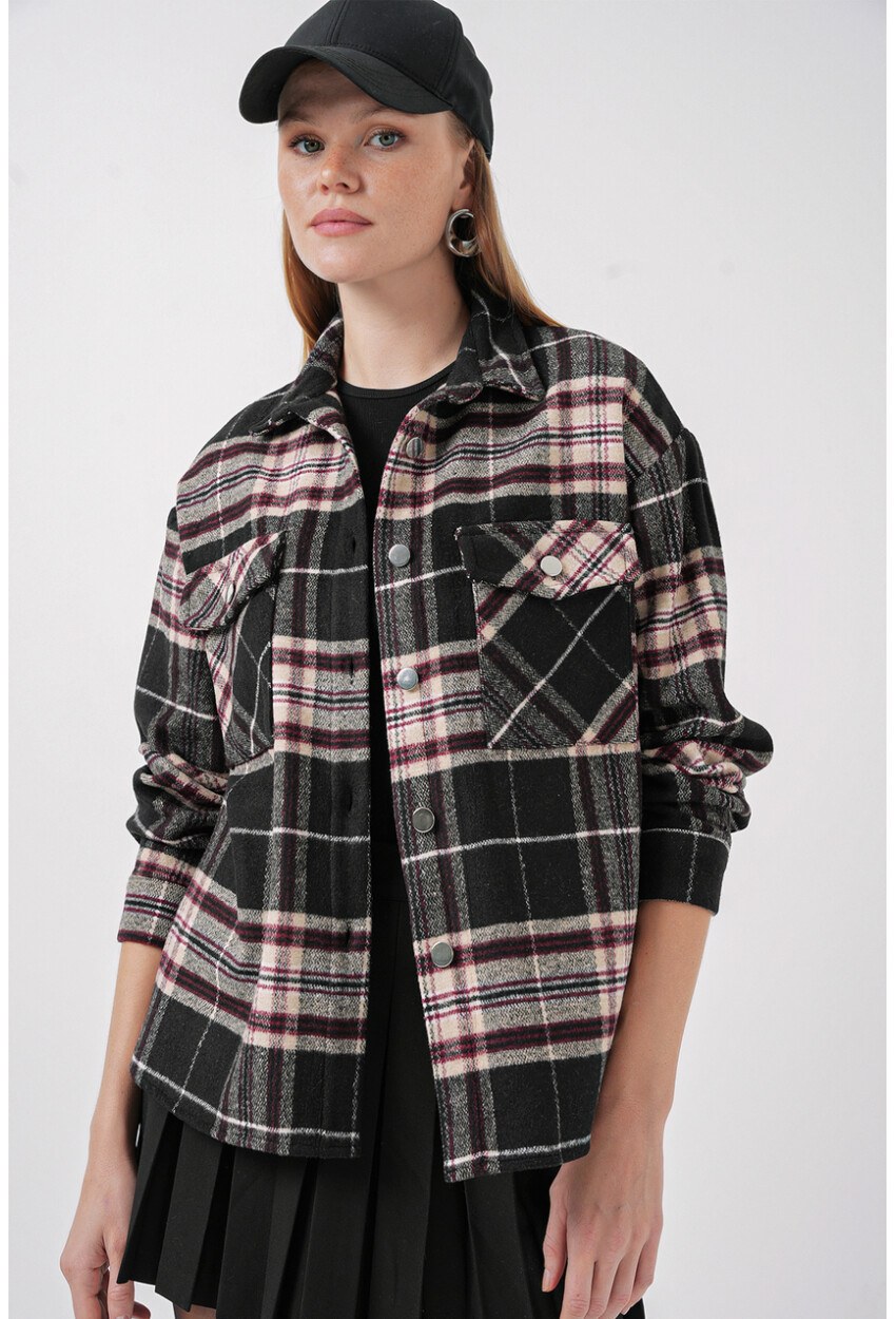 Kadın Ekose Desen Oversize Oduncu Gömlek 3854