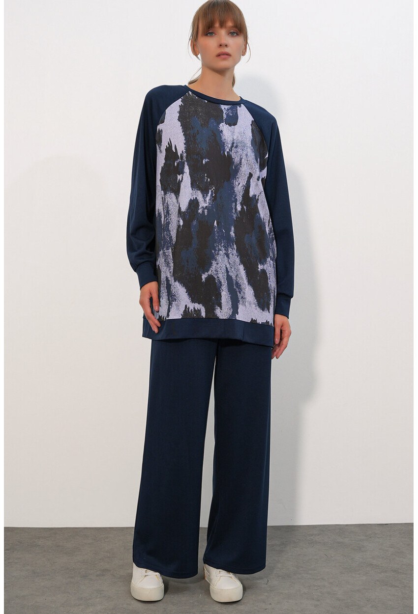 Kadın Desenli Oversize Tunik Pantolon İkili Takım 55462
