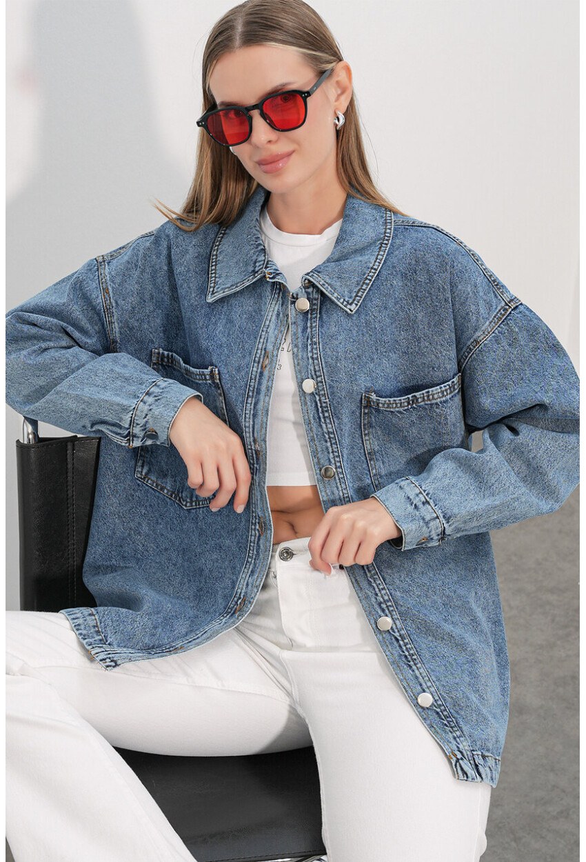 0694 Çift Cepli Oversize Denim Ceket