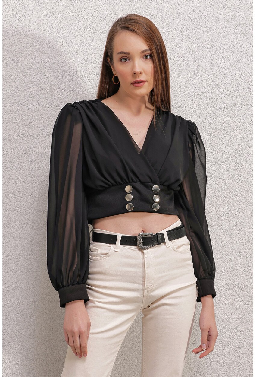 0464 Balon Kol Crop Bluz