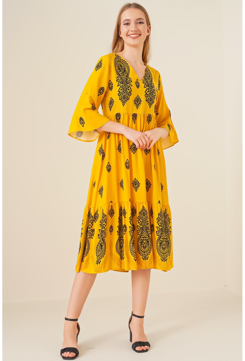 2349 V Yaka Desenli Elbise