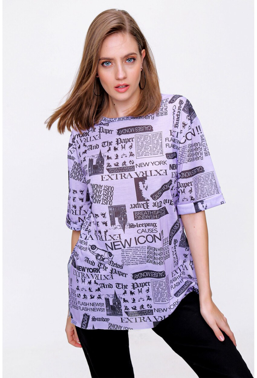 4299 Gazete Baskılı Oversize Tshirt