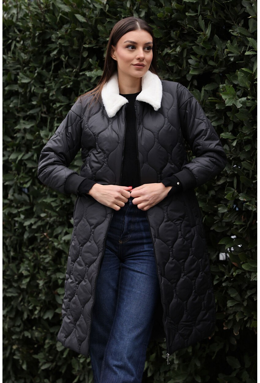 5183 Yaka Kürklü Kapitone Uzun Mont