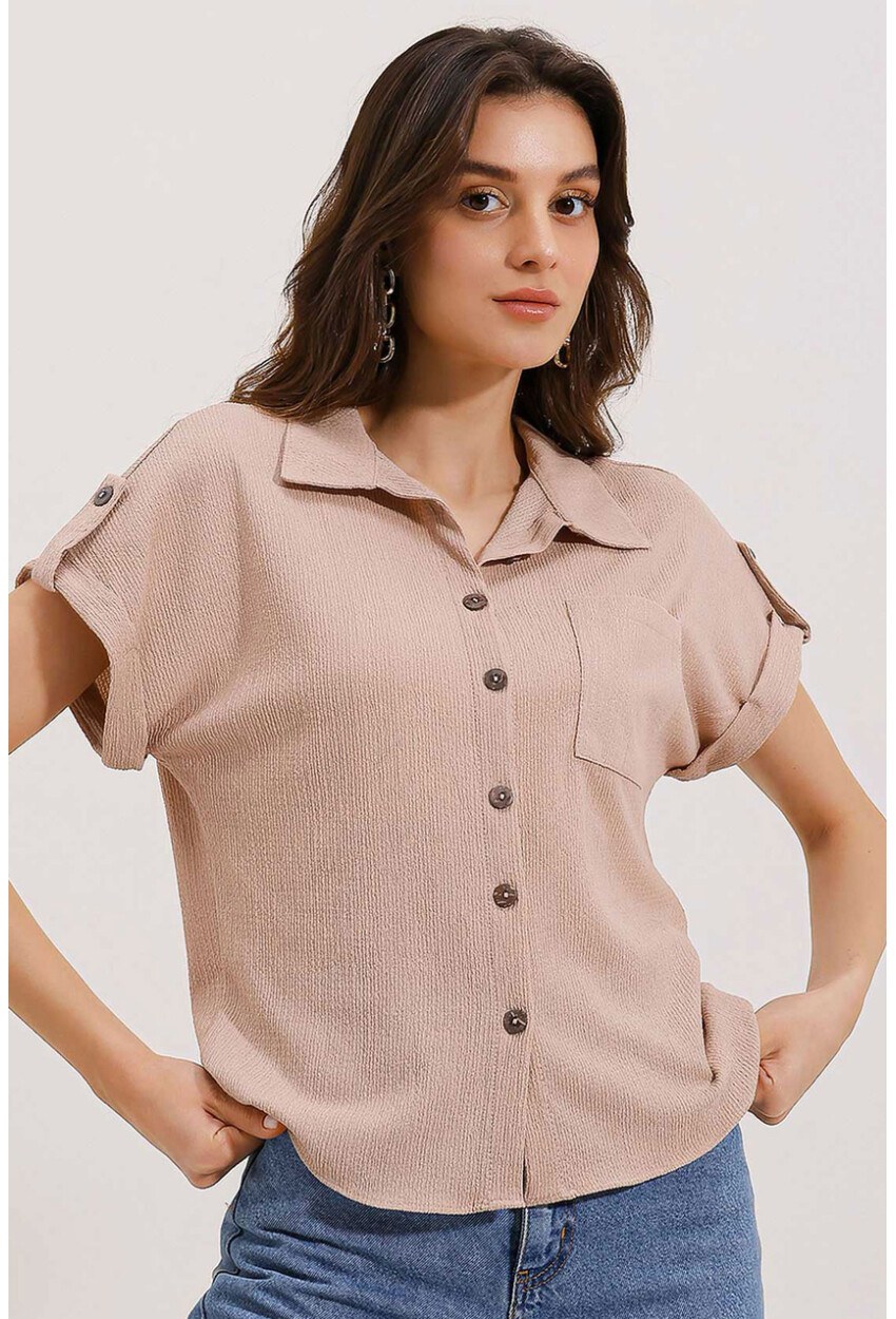 20187 Kısa Kol Oversize Örme Gömlek