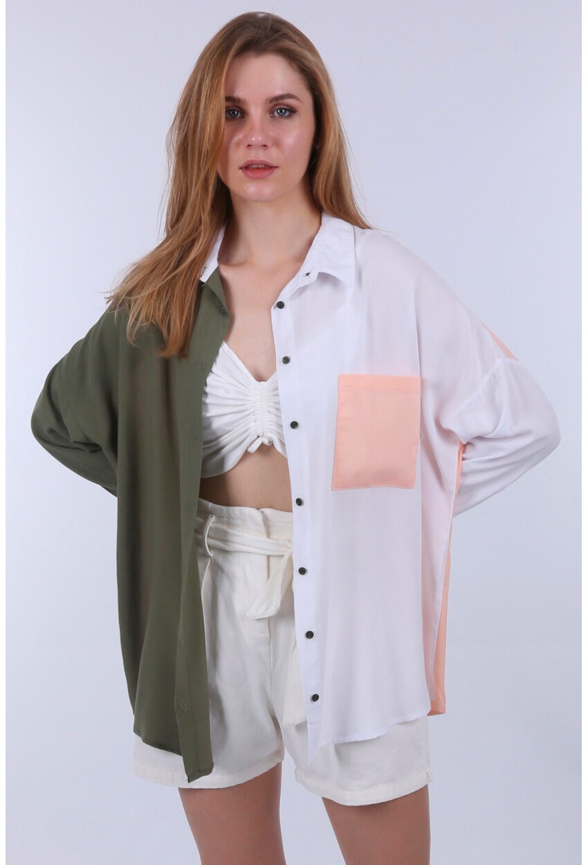 3904 Blok Renkli Oversize Gömlek