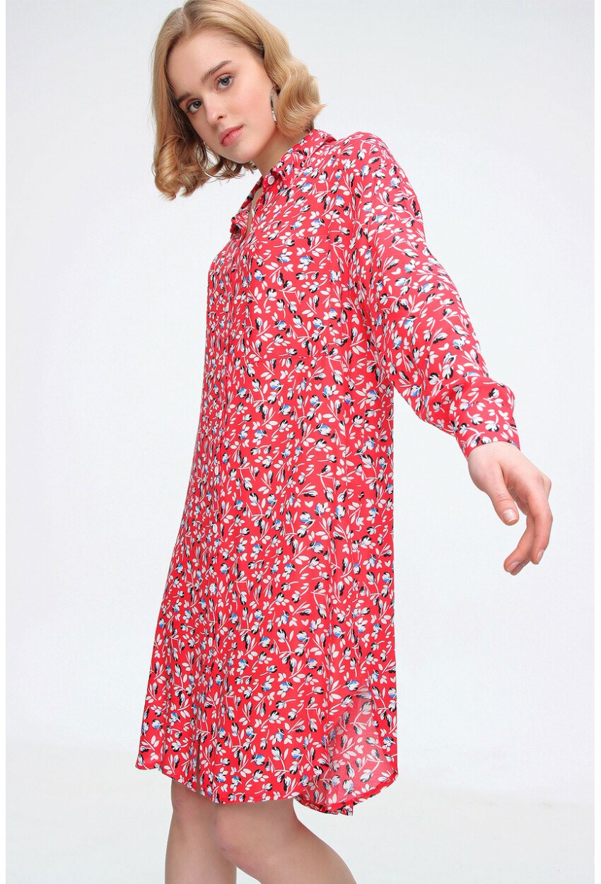 5813 Çiçek Desenli Tek Cepli Oversize Tunik