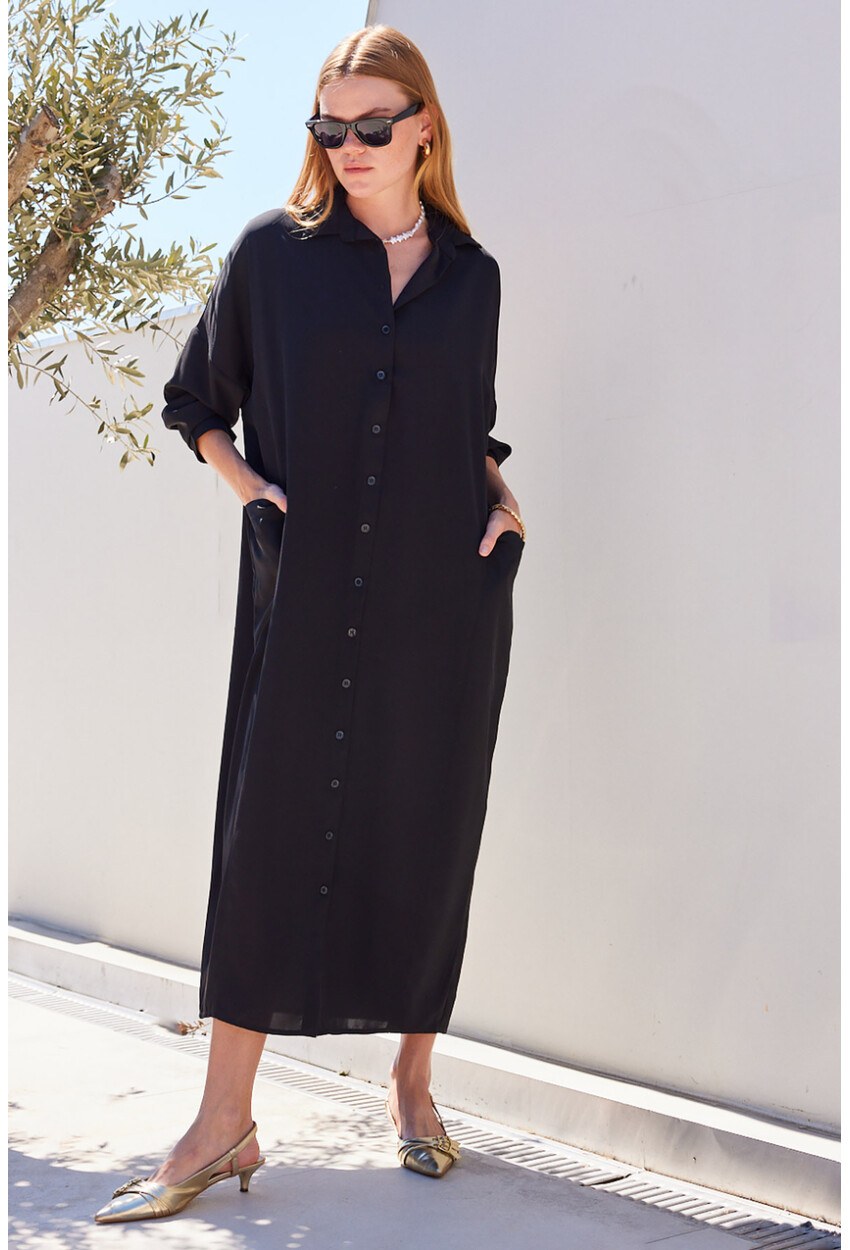 2486 Uzun Düğmeli Oversize Gömlek Elbise