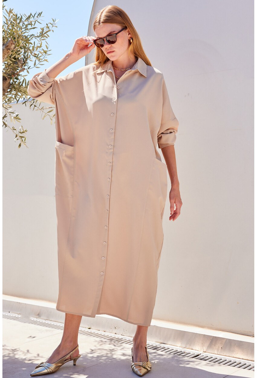 2486 Uzun Düğmeli Oversize Gömlek Elbise
