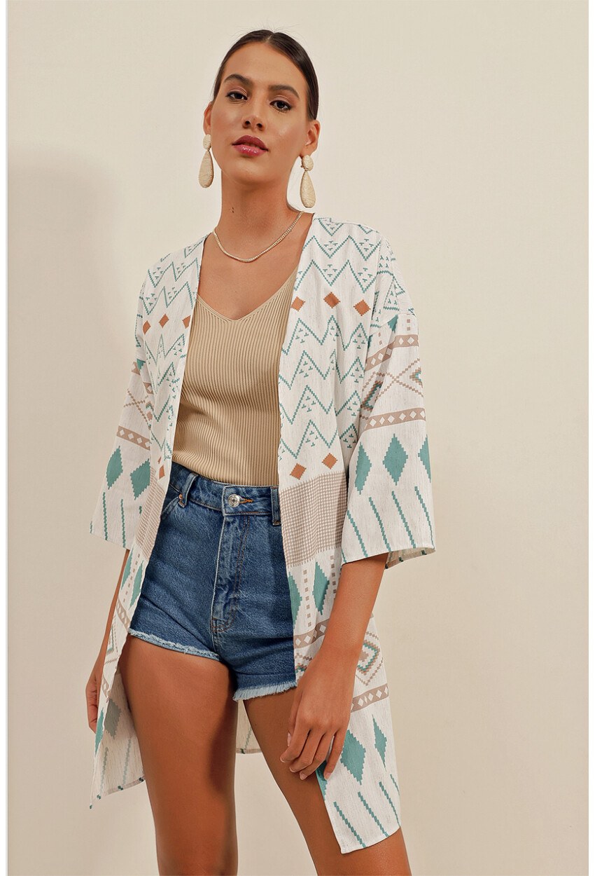 5896 Desenli Keten Kimono