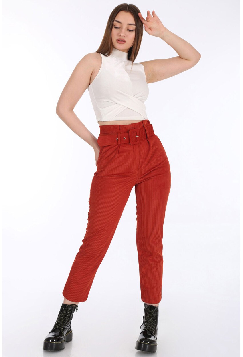 6496 Kemerli Kadife Pantolon