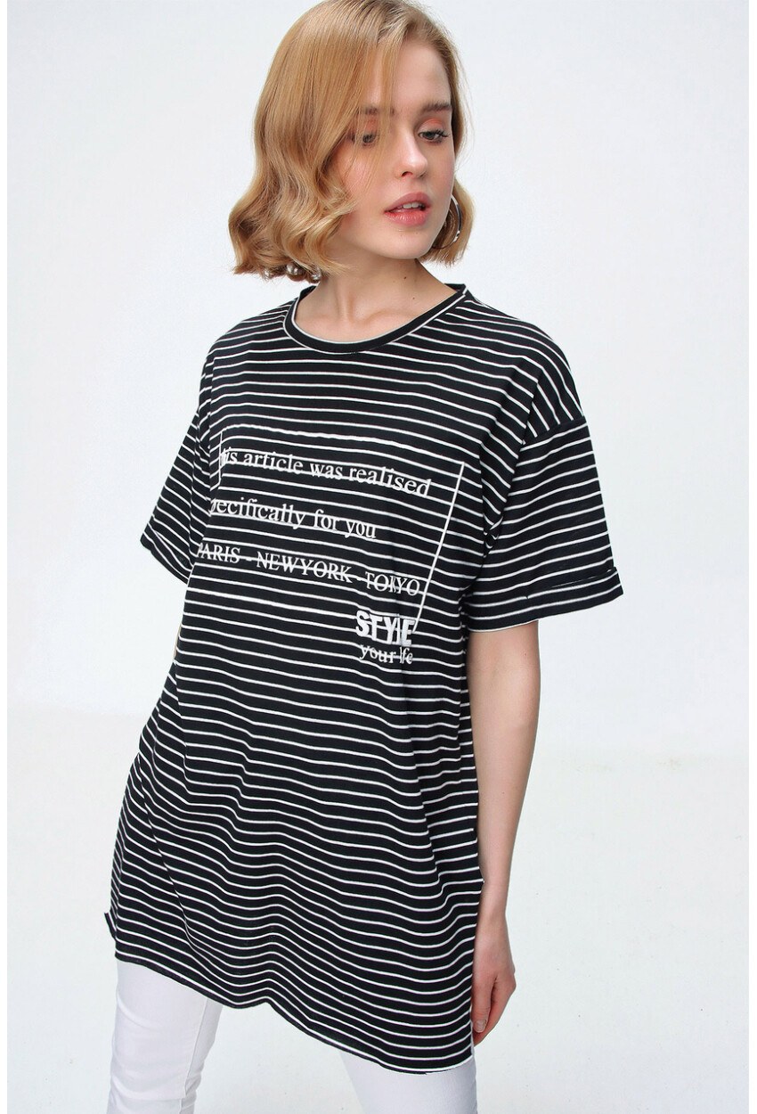4270 Çizgili Yanı Yırtmaçlı Tshirt