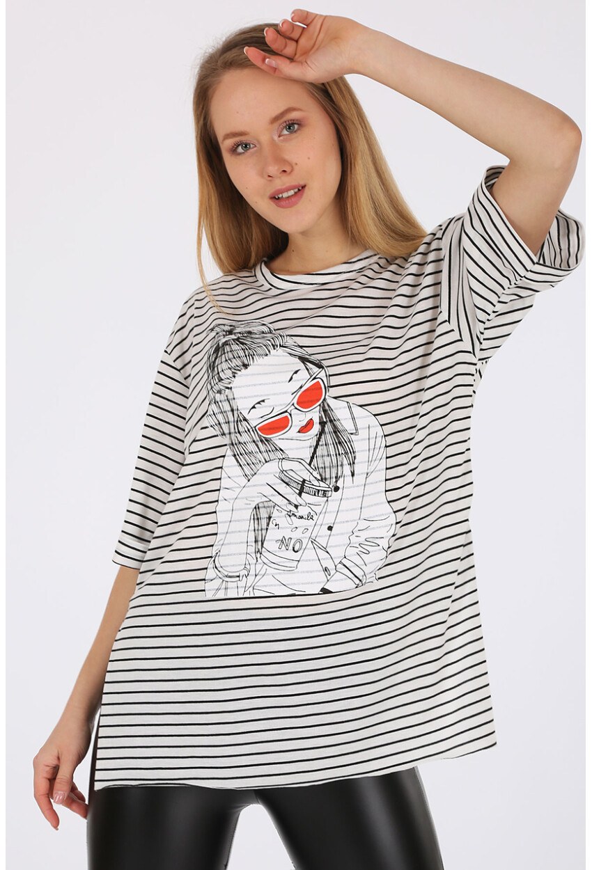 4270 Çizgili Yanı Yırtmaçlı Tshirt