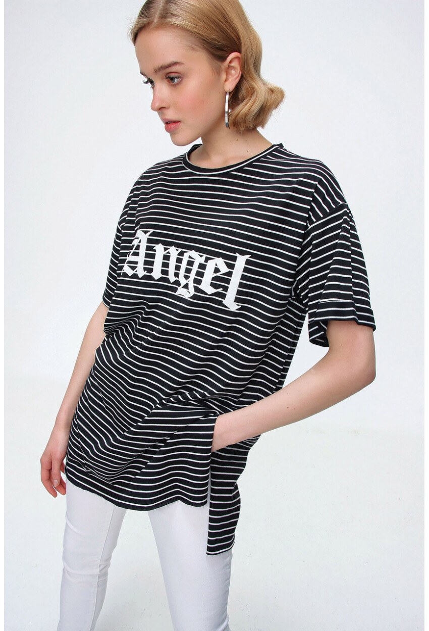 4270 Çizgili Yanı Yırtmaçlı Tshirt