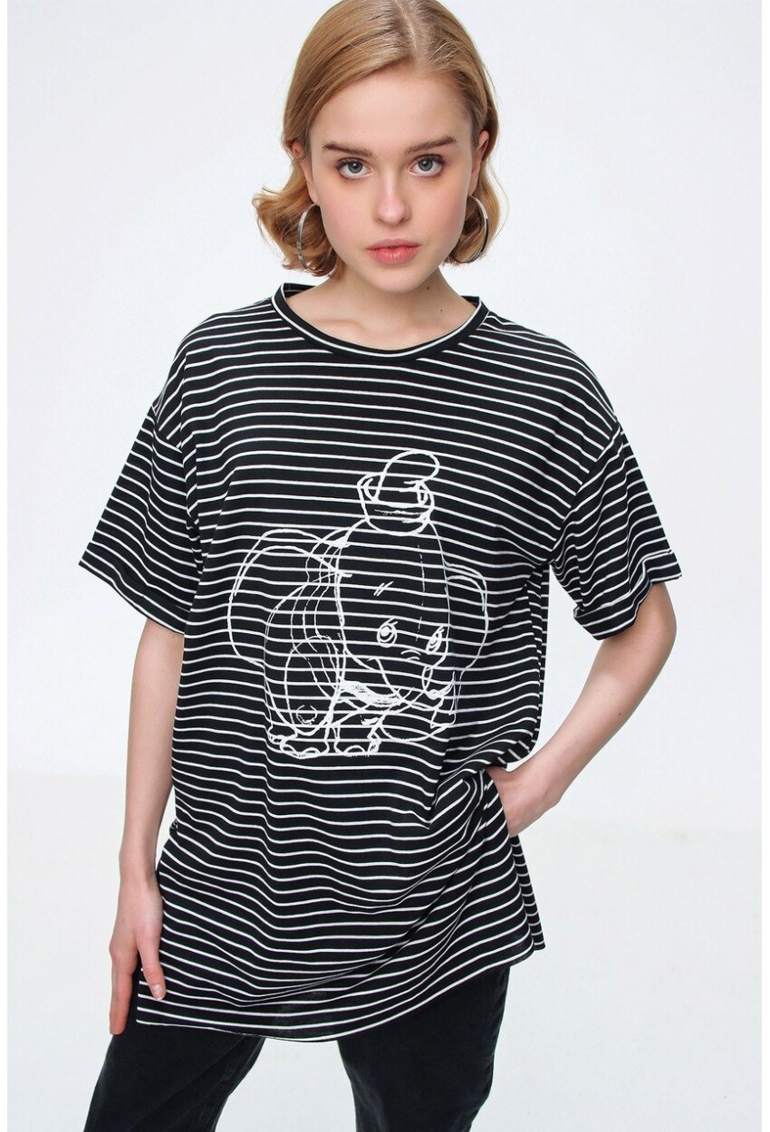 4270 Çizgili Yanı Yırtmaçlı Tshirt